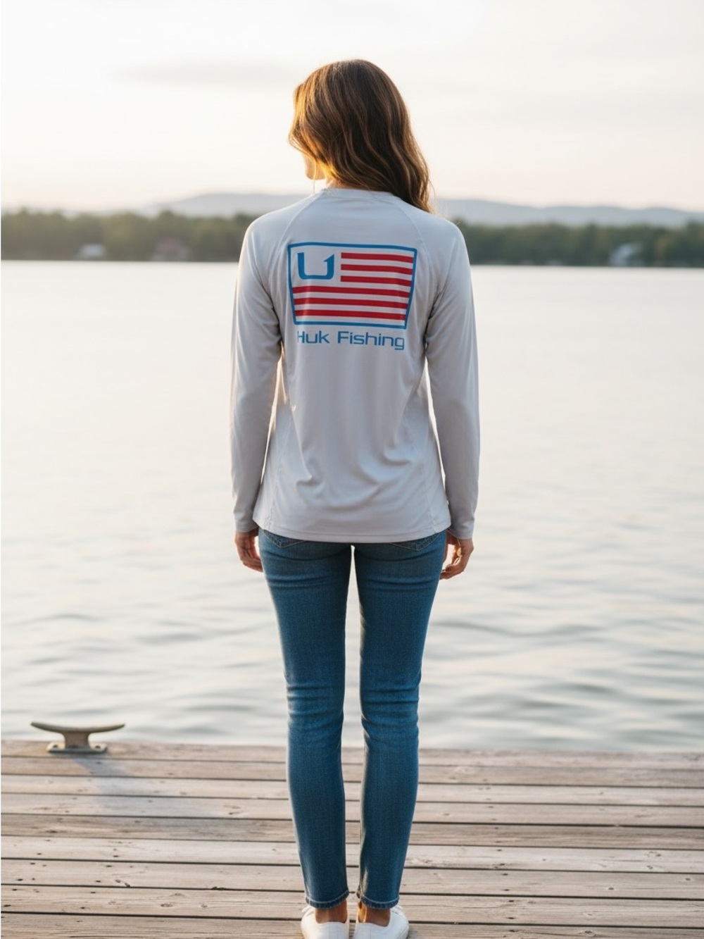 Like New! HUK Women’s Light Gray Long-Sleeve Fishing / Sun Shirt with Flag